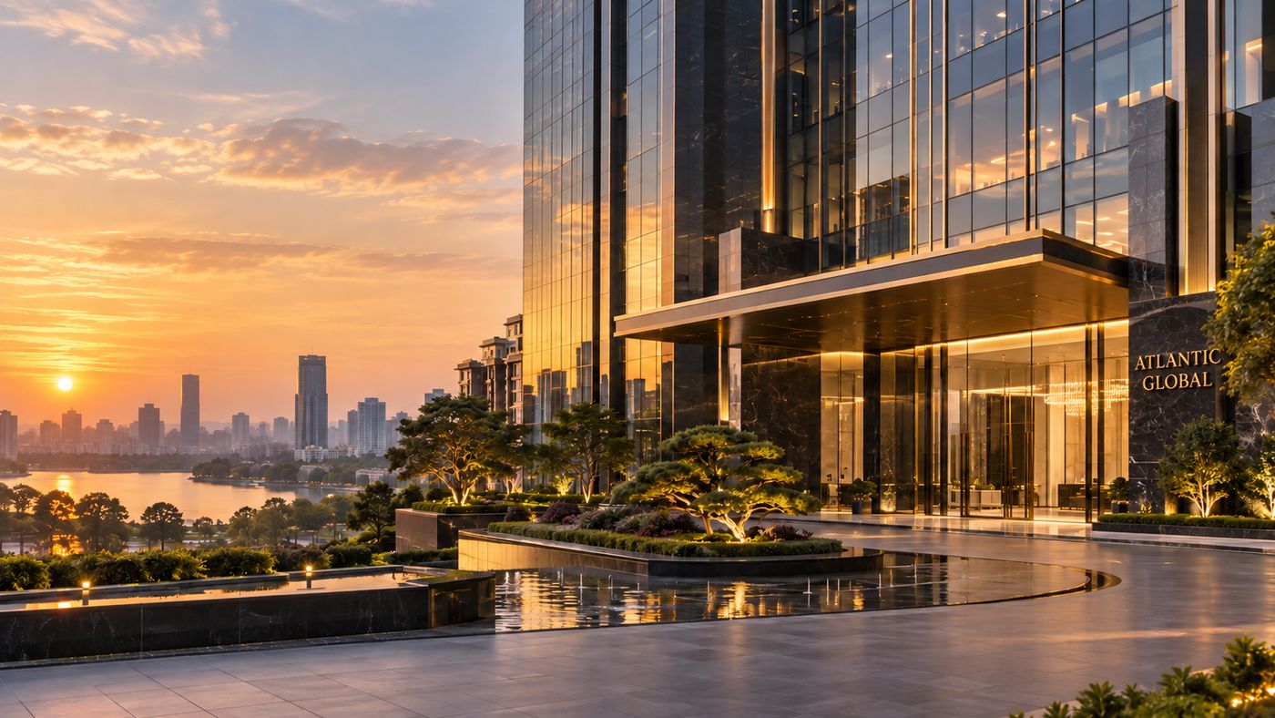 Trụ sở Atlantic Global lúc hoàng hôn